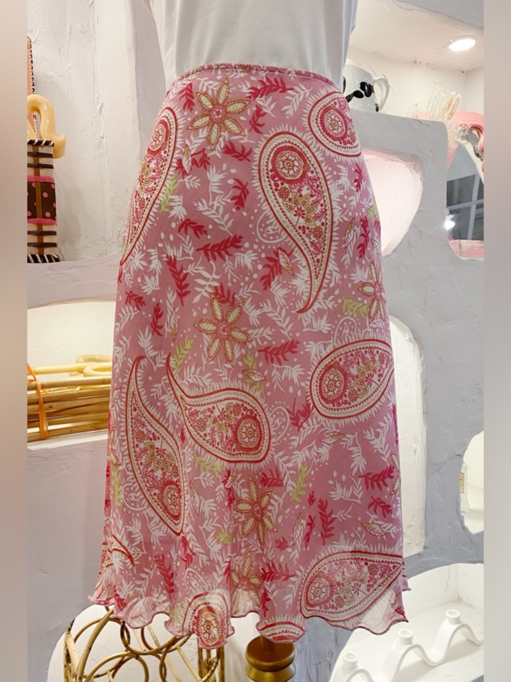 Y2K Vintage Pink & Green Paisley Mesh Flowy Midi Skirt